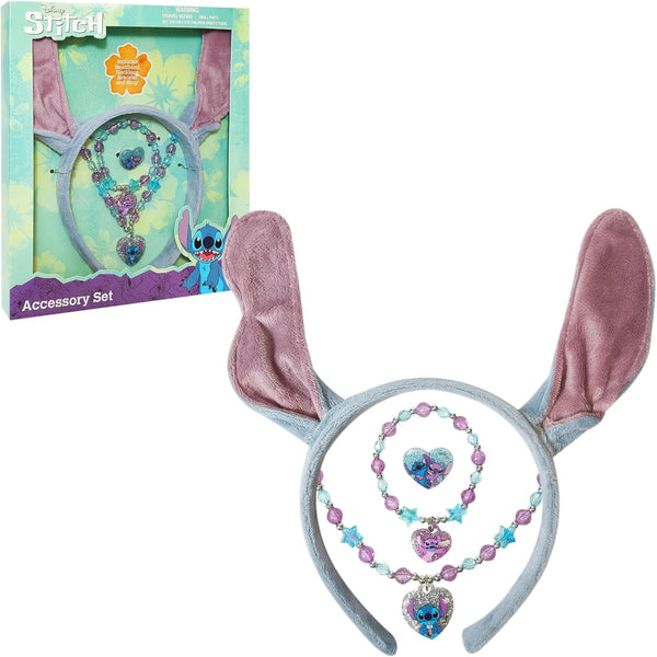 Disney Licensed Stitch Headband with Ears for Girls - Kids Jewelry Dress up Set All in One Giftable Box - Play Jewelry Set - 4Pc (Toddler Headband, Necklace, Dress up Bracelet, Ring) Ages 3+