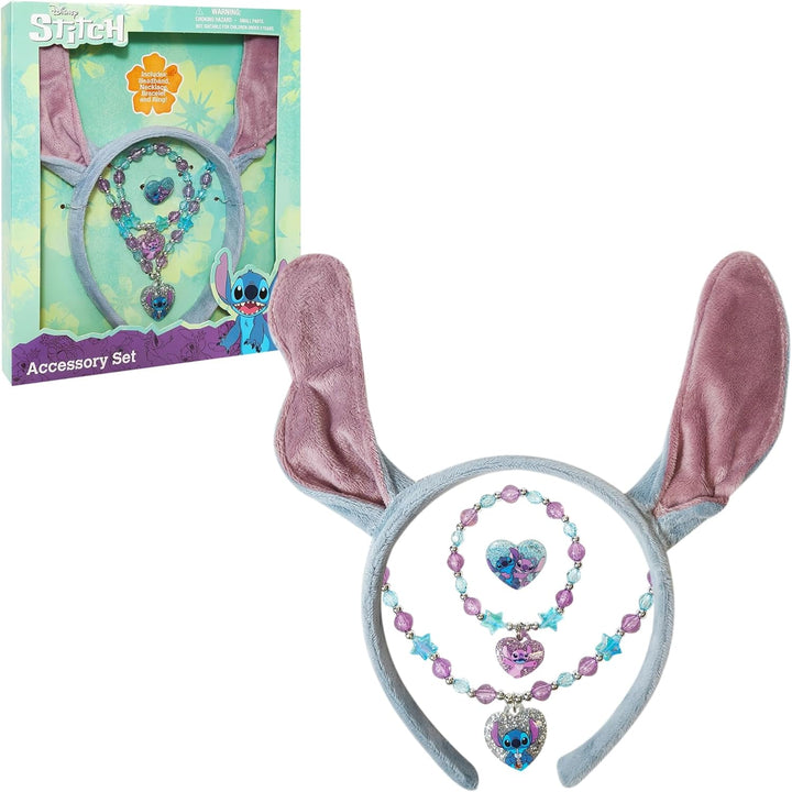 Disney Licensed Stitch Headband with Ears for Girls - Kids Jewelry Dress up Set All in One Giftable Box - Play Jewelry Set - 4Pc (Toddler Headband, Necklace, Dress up Bracelet, Ring) Ages 3+