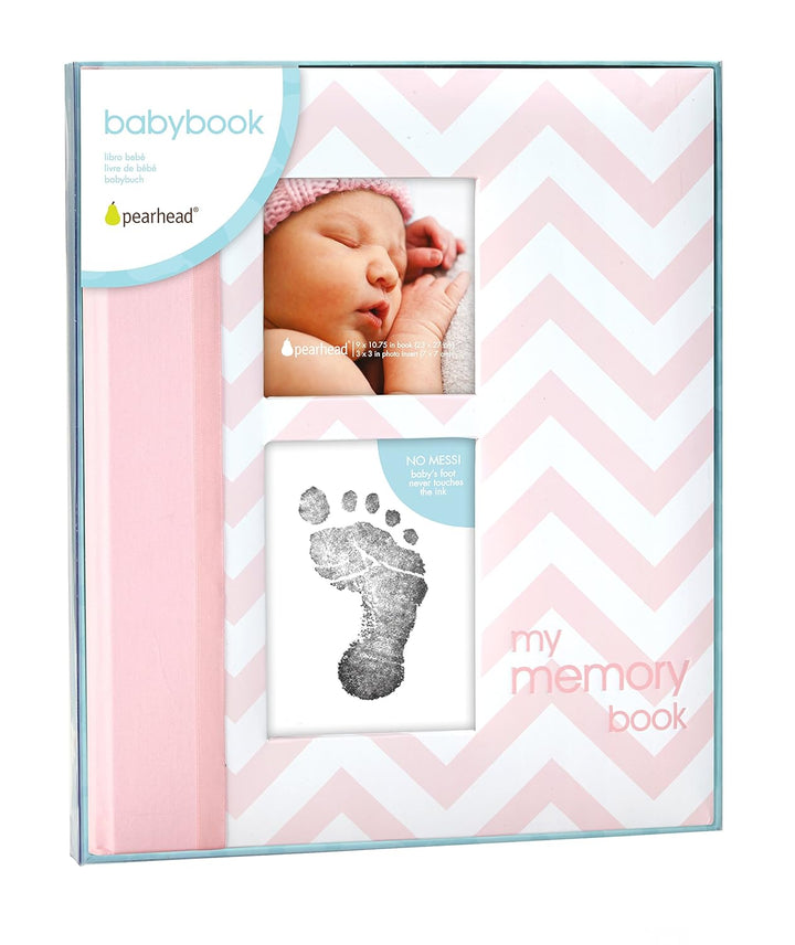 Baby Memory Book, First 5 Years Baby Milestone Book, Pregnancy Journal, Gender Neutral Newborn Keepsake, with Clean-Touch Ink Pad for Baby'S Handprint or Footprint, Pink Chevron