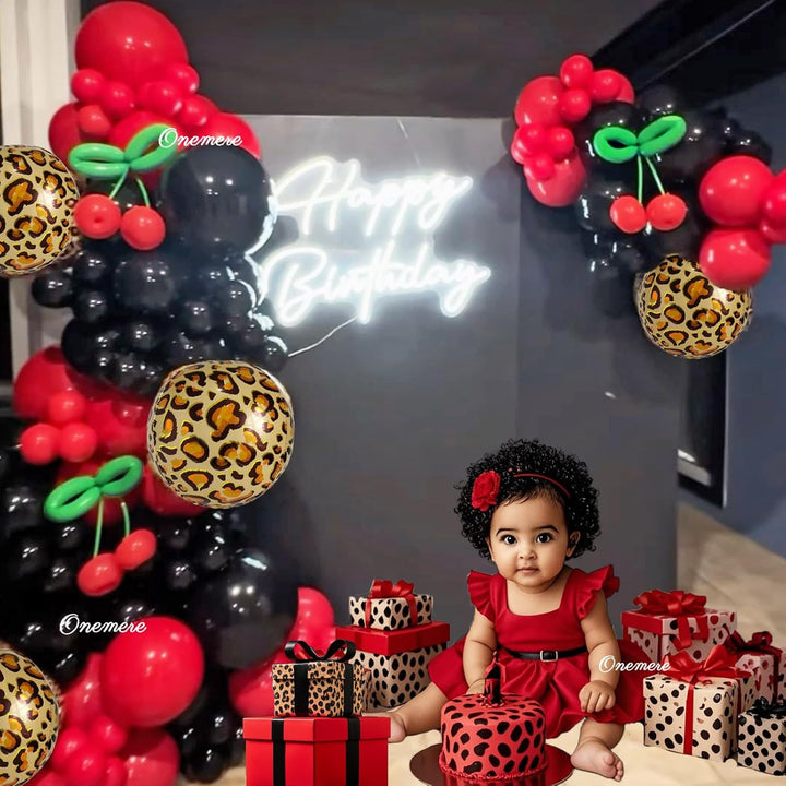 Red and Black Balloons Arch Kit 135Pcs Cherry Birthday Decorations, 4Pcs Foil Cheetah Print Balloons for Baby Shower, Bachelorette Party Decorations