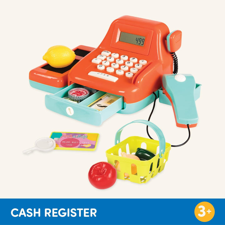 – Interactive Kids Cash Register with Scanner & Sounds – 26 Pieces Pretend Play Shopping Set with Light – up Scanner, Play Money & Card – Educational Toy for Learning & Fun – 3+ Years