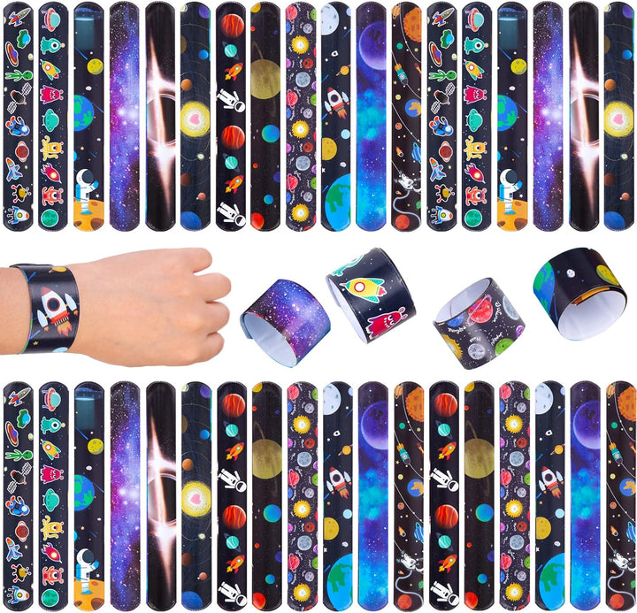 Slap Bracelets, 48PCS Kids Slap Wristbands with UFO Astronaut Space Stars Pattern Snap Bracelets for Party Favor New Year Gifts School Classroom Prize Exchange