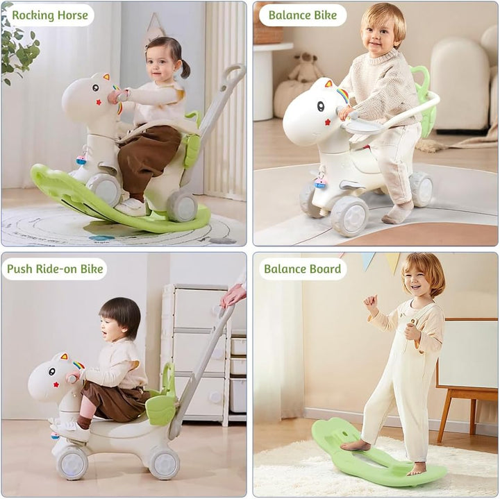 4 in 1 Rocking Horse Ages 1-3, Baby Rocking Toy Birthday Gift for Toddlers 1-3 Years Old, Balance Bike Ride on Toys with Push Handle, Backrest and Balance Board for Baby Girl and Boy, Green