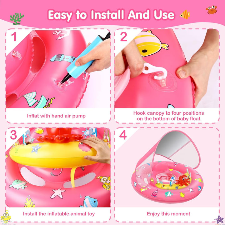 Baby Pool Float with Canopy, Inflatable Baby Swim Float with UPF50+ Sun Protection, Toddler Infant Pool Float with Toy Play Console Adjustable Safety Seat for Kids Girls Boys Aged 6-36 Months