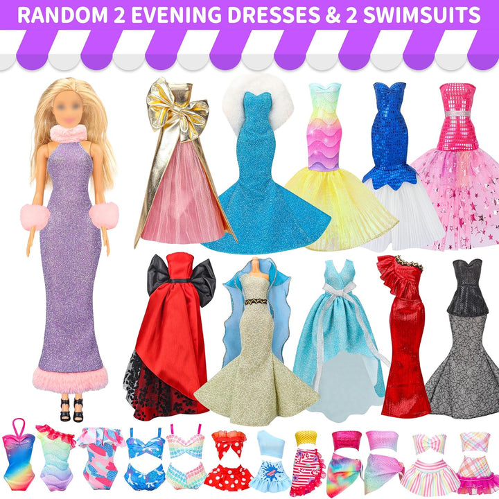 70 Pcs Doll Clothes and Accessories,4 Wedding Gowns 2 Evening Dresses 8 Fashion Dresses 6 Set Casual Outfit Top and Pant 2 Swimsuit,18 Hanger 10 Shoe 20 Accessories Toys for Girls Kid Gift