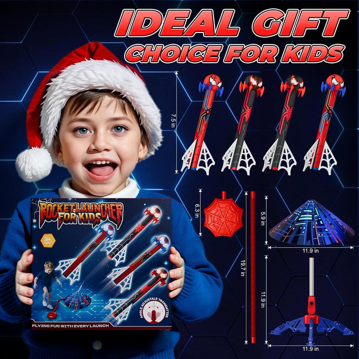 Spider Rocket Launcher for Kids, 4 Spider Rockets with Web Air Pump, Stomping Launch up Toys, Outdoor outside Spider Toys Gifts for 3 4 5 6 7 8 9 10 Year Old Boys Girls Age 3-4 4-6 6-8 Birthday Gift