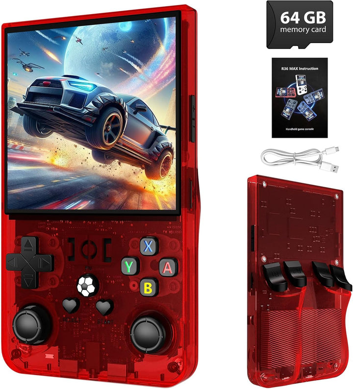 R36MAX Retro Handheld Game Console - 64GB Preloaded Classic Video Games, Support 30+ Simulators, Linux-Powered Portable Game Emulator Console with 4.0-In HD IPS Screen (Transparent Black)