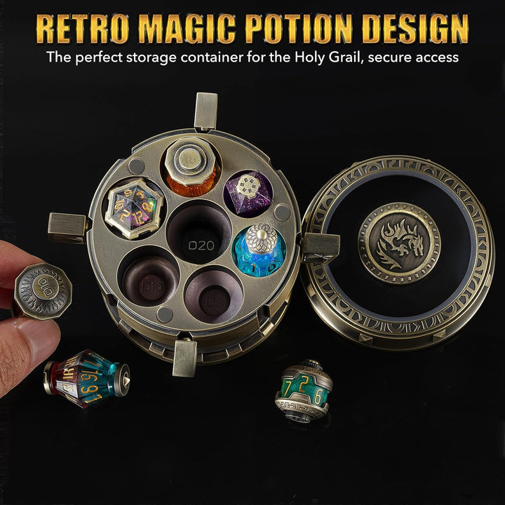 2025 Alchemist’S Metallic Elixir DND Dice Set - 7-Piece RPG Collection in Vintage Chalice Caser for D&D, Sci-Fi, War, or Crime Theme Tabletop Games (Bronze)