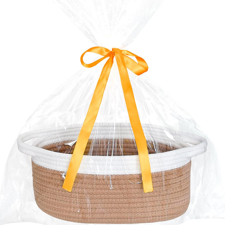 Small Basket with Gift Bags and Ribbons, Empty Gift Baskets, Decorative Boho Rope Woven Nursery Storage Organizer Toy Baskets with Handle for Baby Showers, 12"X 8" X 5"