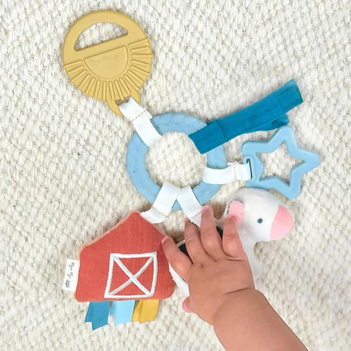 Teething Activity Toy - Bitzy Busy Ring Infant Teething Toy Features Braided Ring & Dangling Toys, Includes Teether, Textured Ribbons, Crinkle Sound & Jingle Bell - 0 Months & up (Farm)