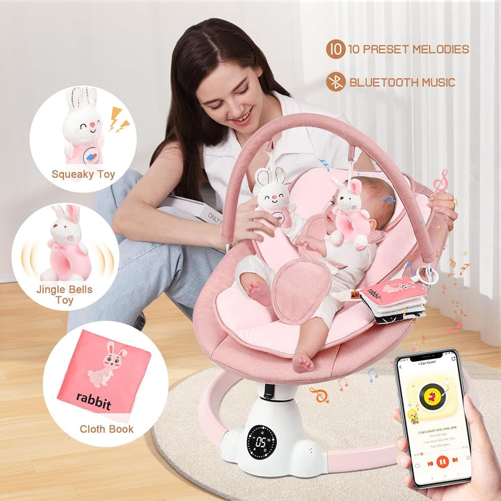 Baby Swing for Infants, Portable Electric Baby Swings with Bluetooth, 5 Swing Speed, 10 Lullabies, 5-Point Harness, Remote Control & Touch Panel - Infant Swing for Indoor & Outdoor Use, Pink