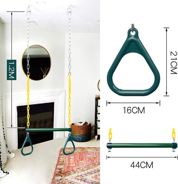 Gym Rings Trapeze Swing Bar 17", Heavy Duty 47" Chain Swing Set Accessories with Locking Carabiners, Monkey Bars for Backyard, Playground, Playroom