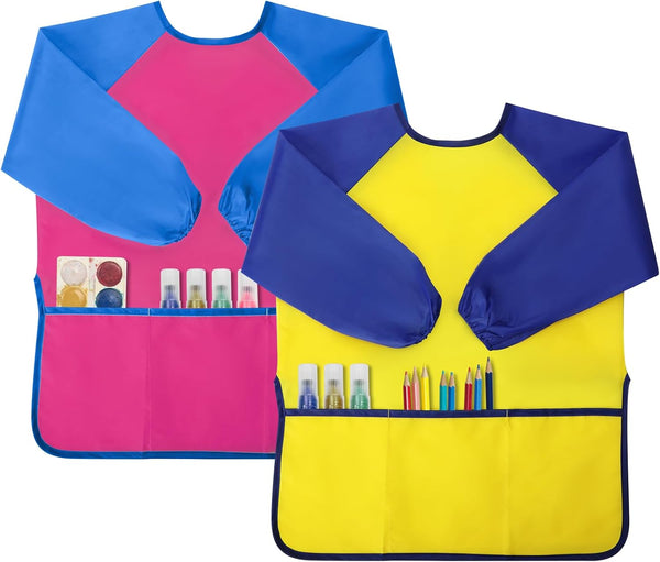 Kids Painting Apron 2 Pack, Waterproof Toddler Art Smock, Artist Smock for Kids Age 2-8 with Long Sleeve and 3 Pockets