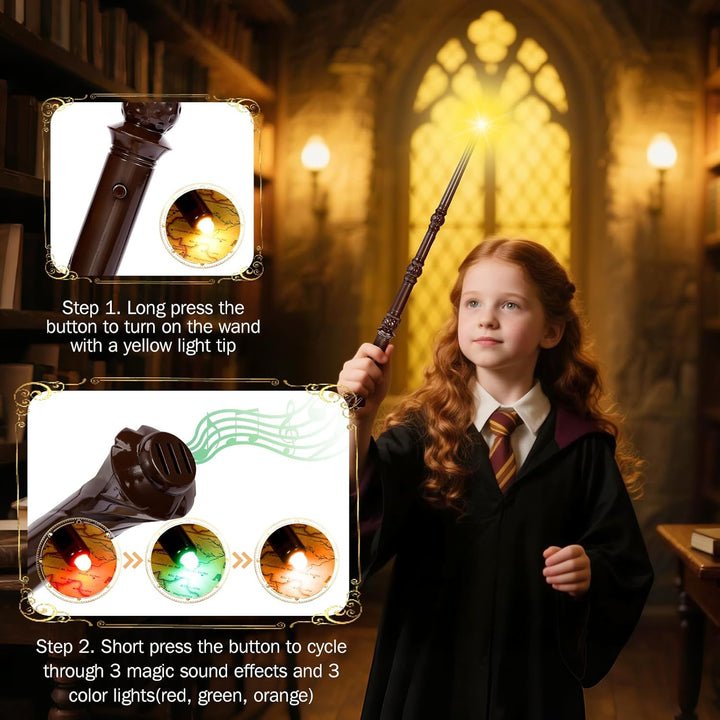 Light up Magic Wizard Wand with Sounds & 4 Color Lights Illuminating Witch Toys for Kids Cosplay Party Birthday Gift, Brown, 2PCS