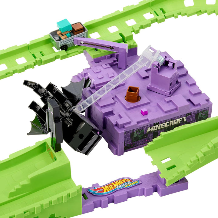Toy Car Track Set, Racerverse Minecraft Playset & Die-Cast Diamond Armor Steve in Minecart Vehicle, Launch & Race to Defeat Ender Dragon
