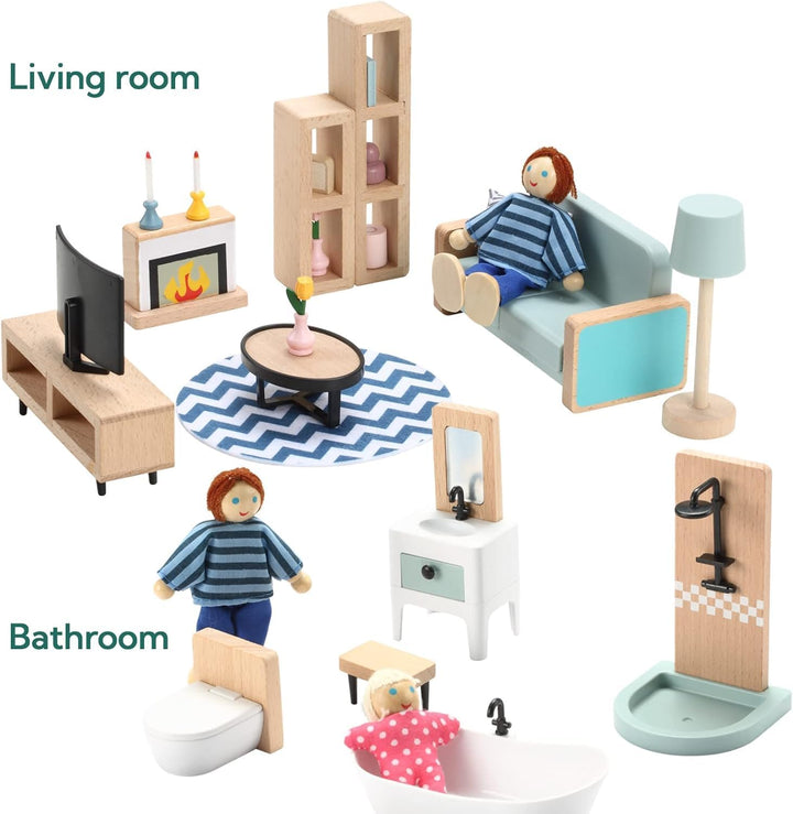 36Pcs Wooden Dollhouse Furniture Set 5 Rooms with 4 Family Dolls, Wood and Plastic Blue Dollhouse Accessories, Pretend Play Furniture Toys Christmas Birthday Gift for Boys Girls & Kids Toddlers 3Y+
