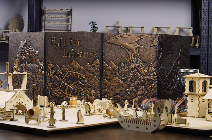 DND Dungeon Master Screen Faux Leather Embossed Dragon & Mimic, Four-Panel with Pockets DM Screen for Dungeons and Dragon, Pathfinder, D&D