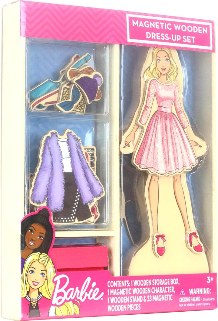 Barbie Magnetic Wooden Dress up Toy – Pretend Play Set with Wooden Barbie Doll, Mix & Match Outfits & Storage Box – Educational Magnetic Toy for Girls Ages 3+