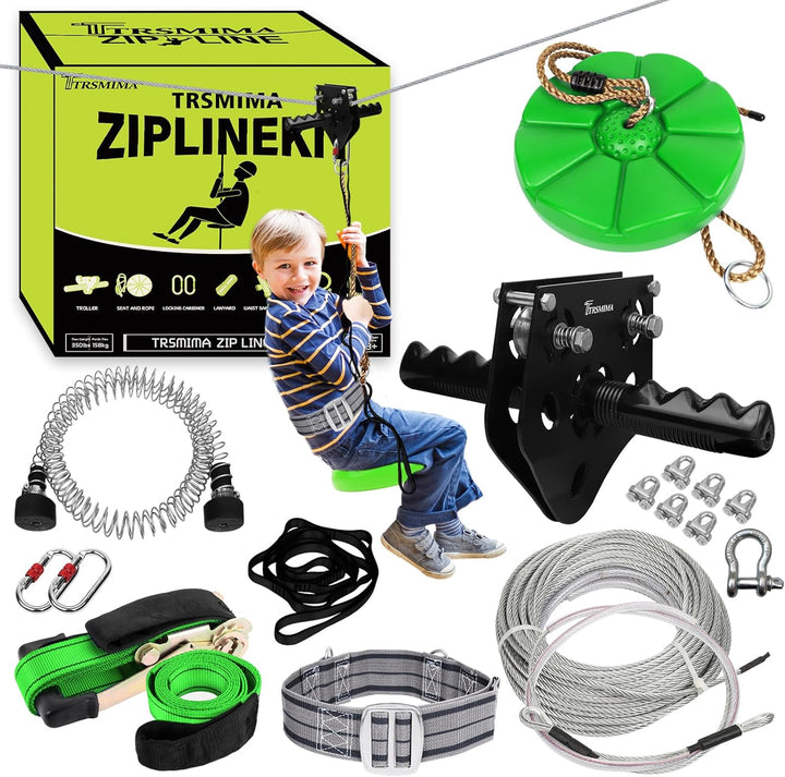 100 Ft /120 Ft /150 Ft/180Ft Zip Line Kit for Kids and Adult up to 380 Lb - Updated Removable Design Trolley and Thickened Seat, Rust Proof W/Safety Harness - Zipline Kits for Backyard