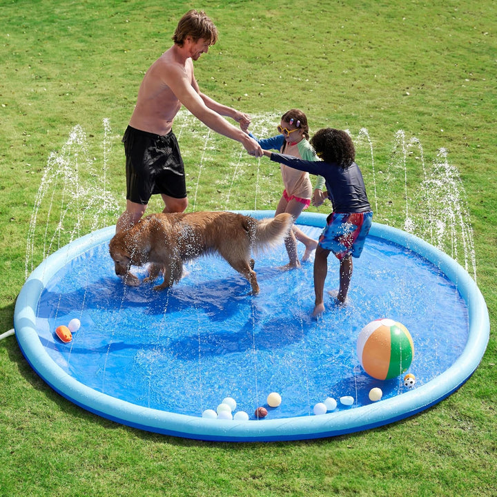 72" Non-Slip Splash Pad Sprinkler - Outdoor Water Toys Play Mat for Toddlers Kids Dogs, outside Thickened Sprinkler Pool Party Durable Backyard Fountain for Girls Boys Pets (72In, Blue)
