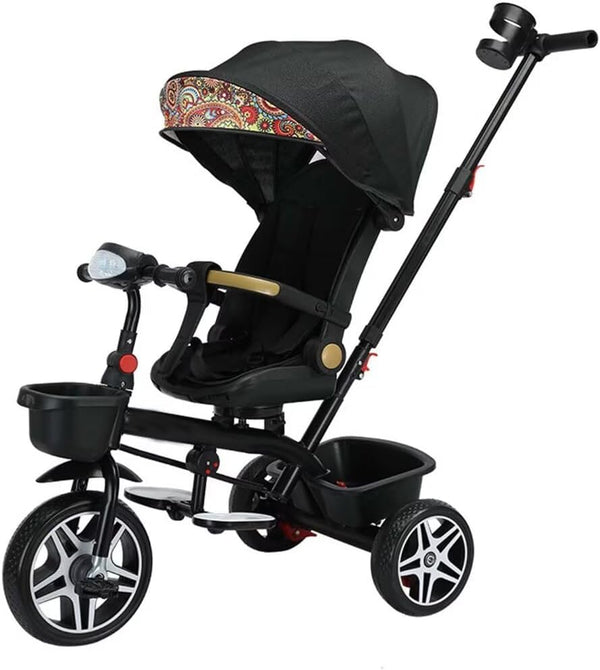 Reversible Seat Toddler Stroller Buggies,Children Stroller Pram with Canopy and Music Headlight,High Back Seat with Guardrail and Belt,Toddlertricycle with Parent Handle,Double Brakes (Black with Can