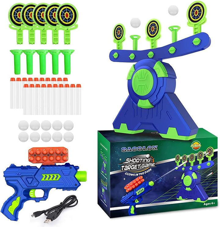 Shooting Games Toy for Age 5, 6, 7, 8, 9, 10+ Years Old Kids, Boys - Glow in the Dark Floating Ball Target with Foam Dart Toy Gun, 10 Balls/5 Targets - Ideal Gift