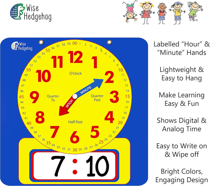 Large Dry Erase Magnetic Teaching Demonstration Clock, Kids Telling Time Learning Clock for Analog and Digital Time, Labelled Minute & Hour Hands, for School Classrooms & Homeschool Supplies