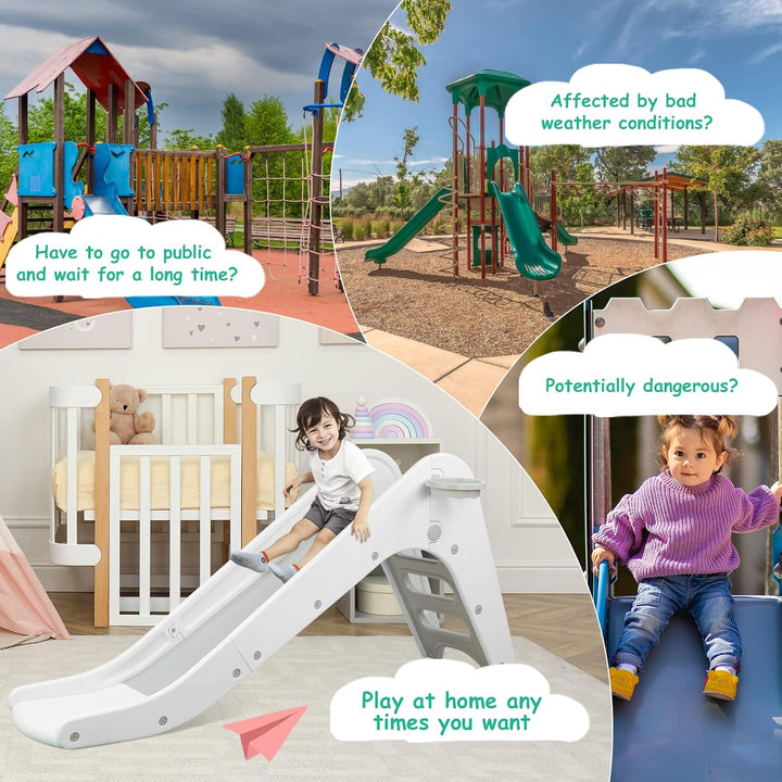 Freestanding Kids Slide, Toddler Slide Climber with Basketball Hoop & Ball, Baby Playset W/Long Slope, for Boys and Girls Birthday, Sturdy Playground Toy for Indoor Outdoor (Grey White)