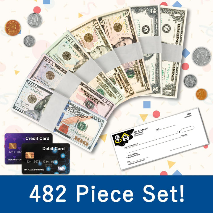 482 Pcs Play Money Kids Set, Number Learning Education Play Money Toys for Kids Ages 3 and up Develops Early Math Skills, Preschool Math Games, Birthday Gift for Boys Girls