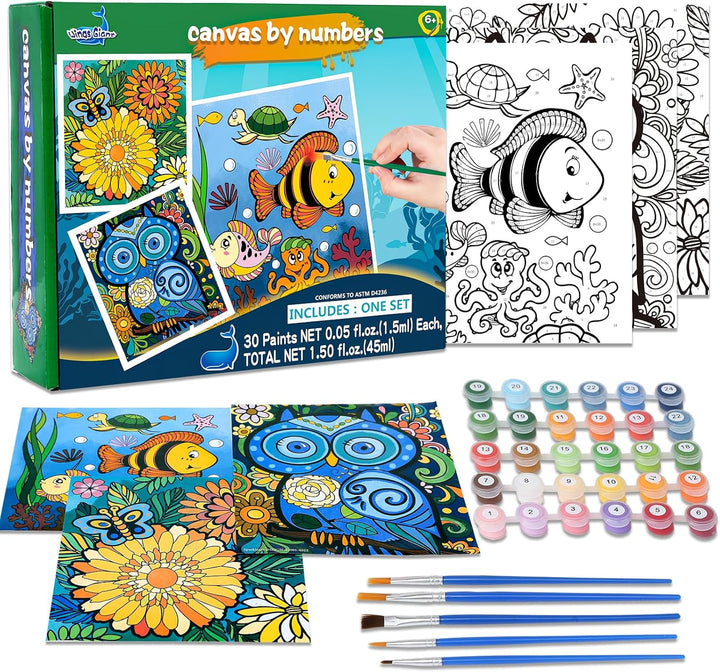 3 Pack Paint by Numbers for Kids Ages 8-12, Pre-Printed Acrylic Oil Painting, Includes (8X10, 8X9, 8X8 Inch) Framed Canvas with 30 Acrylic Paint Pots, 5 Brushes for Kids, Art Supplies for Kids 9-12