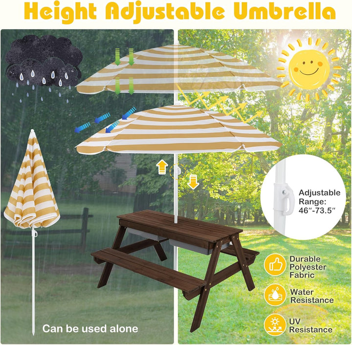 Kids Picnic Table, 4 in 1 Sand and Water Tables W/Detachable Tabletop, 2 Removable Play Boxes, Foldable & Height Adjustable Umbrella, Wood Sensory Table and Bench for Outdoors, Indoors (Brown)