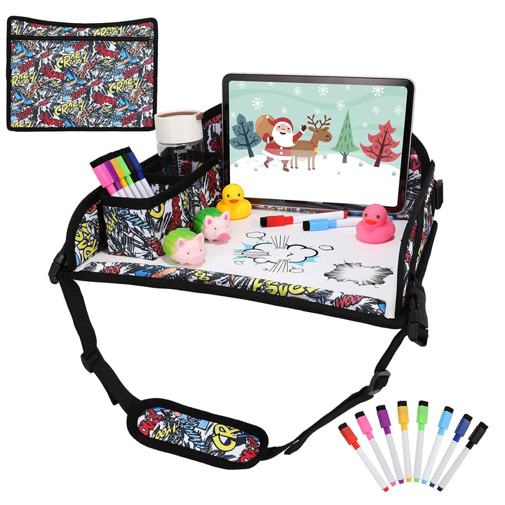 Kids Travel Tray for Car Airplane - Car Seat Tray for Kids Travel, Toddler Carseat Lap Table, Road Trip Essentials, Lap Desk for Kid Roadtrip Activities, Pink Unicorn