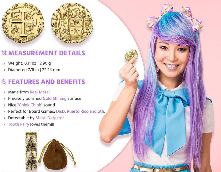 Gold Metal Pirate Coins - 35 Gold Treasure Coin Set, Metal Replica Spanish Doubloons for Board Games, Tokens, Toys, Cosplay - Realistic Money Imitation, Pirate Treasure Chest, Medium Size 7/8"
