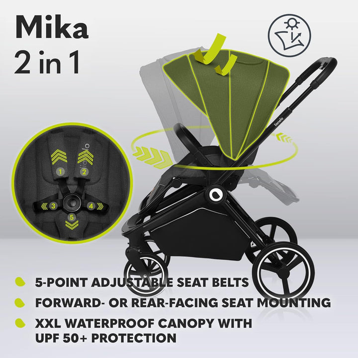 Mika 2-In-1 Combination Pushchair Baby Carrycot Pram Buggy Rain Cover Shoulder Strap for Transport, Mattress, Mosquito Net, Foot Cover, Waterproof Material, Rubber Wheels (Grey Graphite)