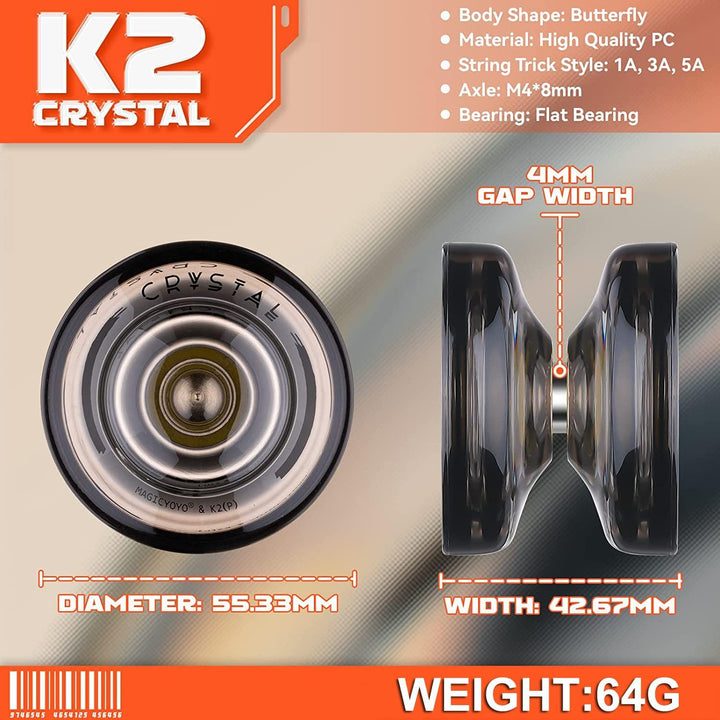 K2 Crystal Black Yoyo Professional, Responsive Yoyo for Kids Beginners with Extra Unresponsive Yo Yo Bearing, Pro Plastic Trick Yo Yo for Adults+12 Stings+Bearing Removal Tool+Storage Bag