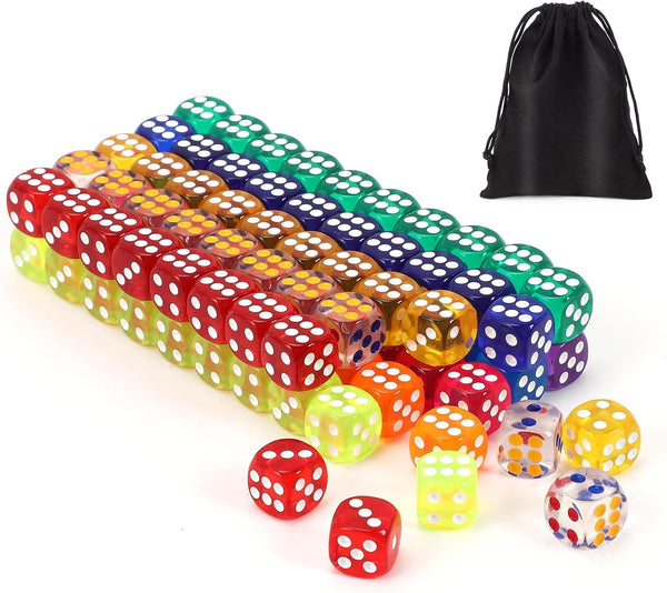 100Pcs Colored Dice Set Standard 16Mm Game Dice Bulk with a Black Drawstring Storage Bag, for Learning, Classroom (Colored)