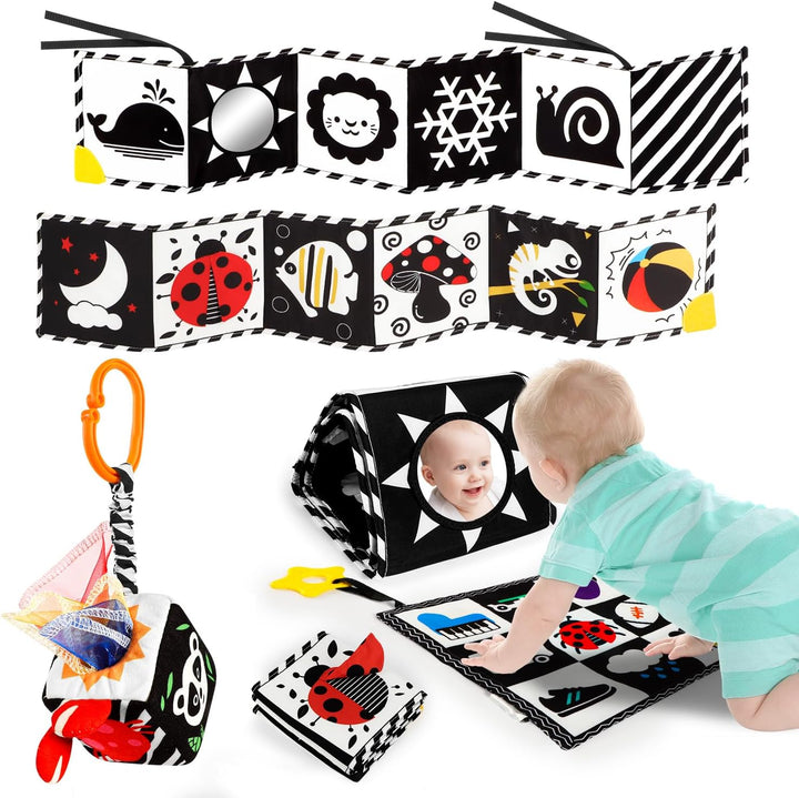 Tummy Time Toys, High Contrast Baby Book with Mirror & Teether, Black and White Infant Books, 0-6-12 Months Soft Book for Newborn, Sensory Books, Tummy Time Car Seat Toys 0-6 Month Boy Girl Gift