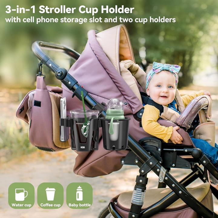 Stroller Cup Holder with Phone Holder, 3-In-1 Removable Bottle Holder, 360 Degrees Rotation Drink Holder for Wheelchair, Stroller, Bike, Walker, Scooter, Bicycle, Uppababy, Bugaboo, Britax