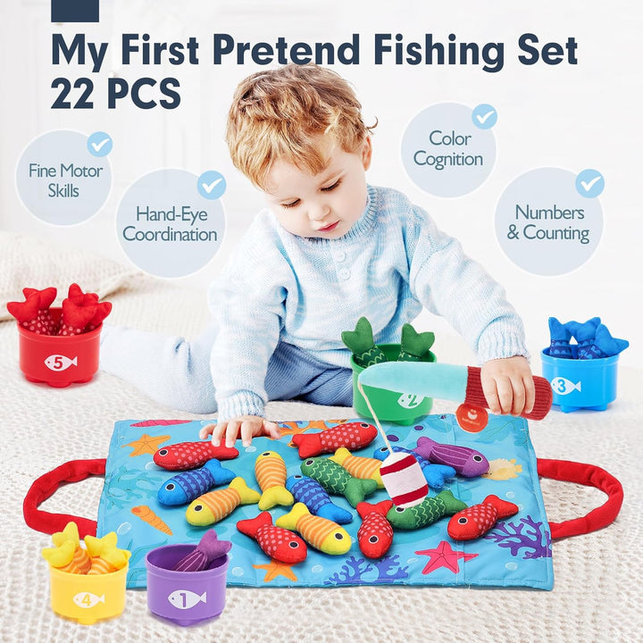 Montessori Toys for 1 Year Old - 10 in 1 Cloth Toddler Fishing Game with Stacking Cups, Baby Toy 12-18 Months One Year Old Boy Birthday Gift, Toddler Toys for 1 2 Year Old Boy Girl Gifts