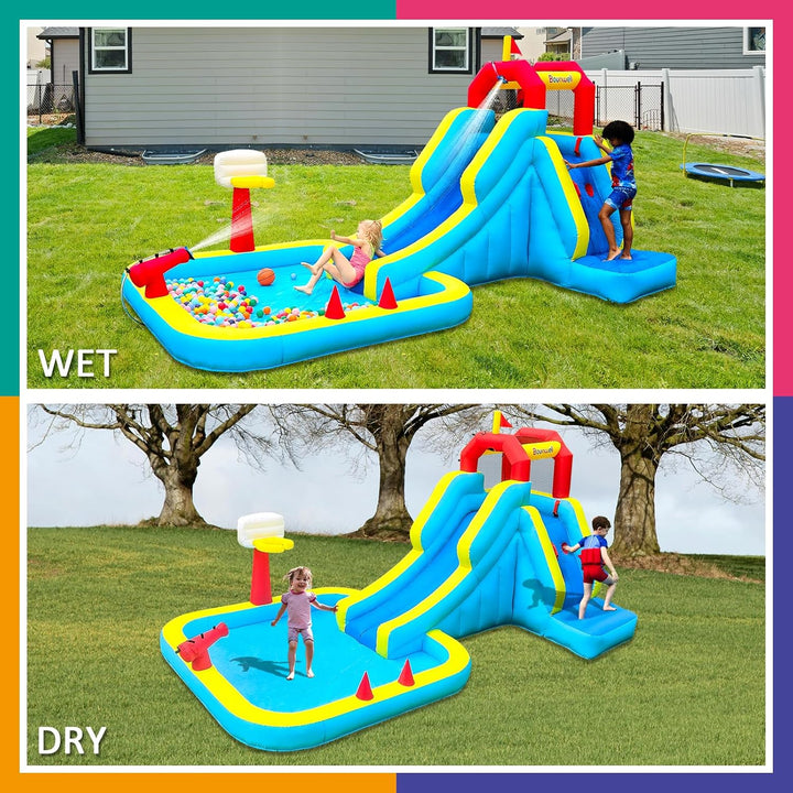 Inflatable Water Slide, Blow up Water Slide with Climbing Wall, Water Slide for Kids Backyard with Basketball Hoop, Water Cannon and Splash Pool