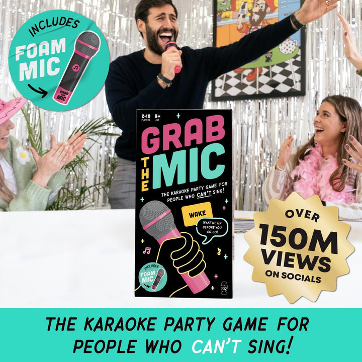 Official Grab the Mic – Family Karaoke Board Game, 8+ Year Olds, 2-10 Players - Games for Bad Singers with 250 Lyrics (125 Cards) for Hilarious Game Nights & Birthday Party, Kids Gift