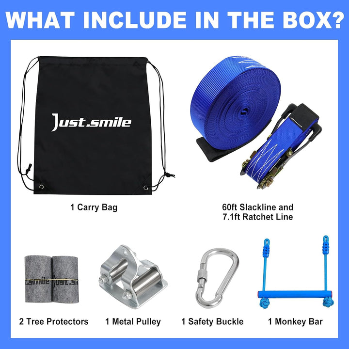 Zip Ine Kit for Kids,Stainless Steellackline Pulley Slider with Swing Seat Zip Line,Kids Zipline Kit for Backyard with 60Ft Ninja Slackline