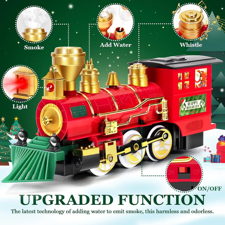 Christmas Train Set, Electric Train with Water Steam, Sounds & Lights, Model Train Set for under the Xmas Tree, Railway Kit Gifts for 3, 4, 5, 6, 7, 8+ Year Old Boy & Girl
