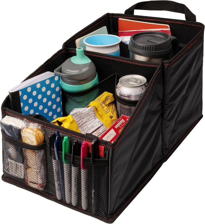 Backseat Car Organizer for Front & Rear Seats - Black Oxford - 9 Compartments & Cup Holders for Travel & Road Trip Essentials for Kids - Fits Cars, Trucks & Vans