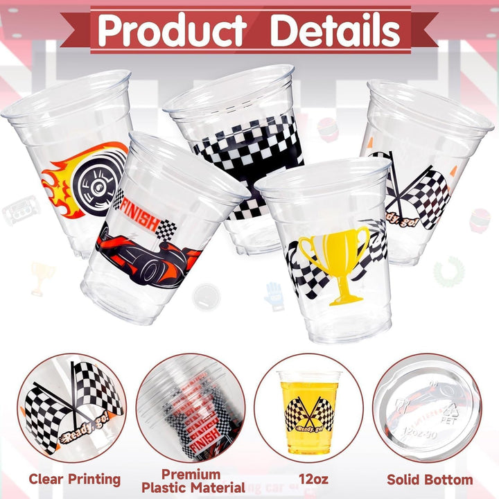 50 Race Car Birthday Party Decorations, 12Oz Checkered Flag Racing Party Disposable Plastic Cups for Boys Fast One Two Birthday Car Party Favors Supplies