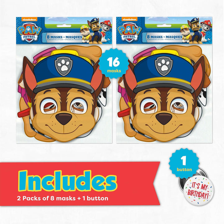 Paw Patrol Masks for Kids Birthday Party Favors and Decorations with Buttons - 16 Pack