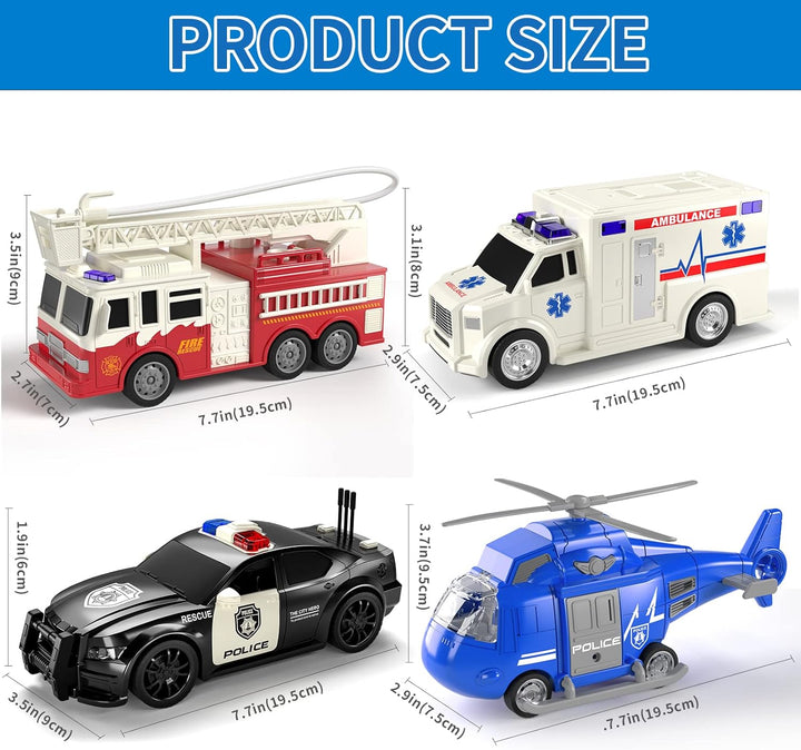 4 Pack Emergency Vehicle Toys for Kids 3 4 5 6 7 8 Years Old, Helicopter, Police Car, Fire Truck, Ambulance Friction Powered Toys for Toddlers, Gifts for Age 3-12 Boys Girls