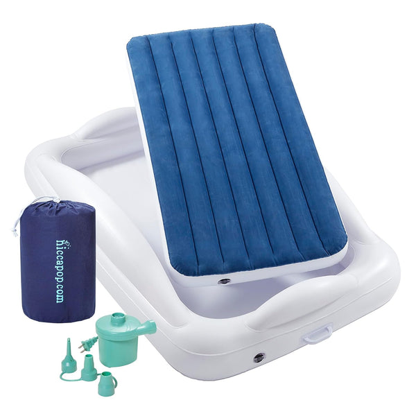 Inflatable Toddler Travel Bed with Safety Bumpers [4-Sided] | Portable Toddler Bed for Kids | Toddler Air Mattress | Kids Air Mattress - Navy Blue