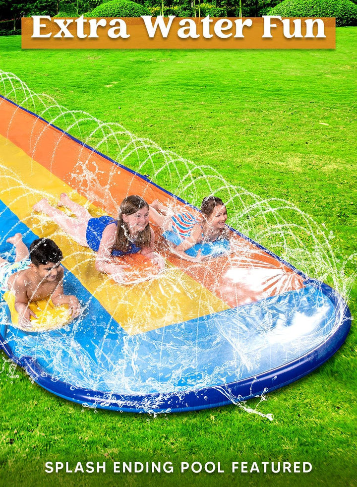 Triple Water Slide with 3 Bodyboards, 22.5FT Lawn Water Splash Slip and Slide Summer Toy Splash Pad with Build in Advanced Sprinkler for Kids Adults Backyard Summer Water Fun