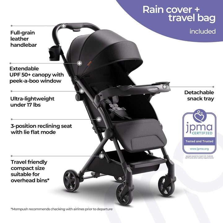Lithe V2 Lightweight Travel Stroller, Compact Foldable Baby Stroller with Travel Bag, One-Hand Fold Stroller, Snack Tray, Mechanical Recline Seat, Airplane-Ready, UPF 50+ Canopy & Rain Cover